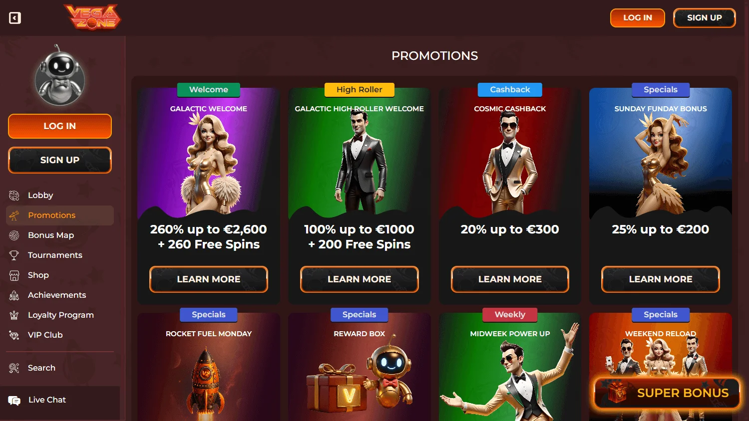 Vegazone Casino desktop promotions interface