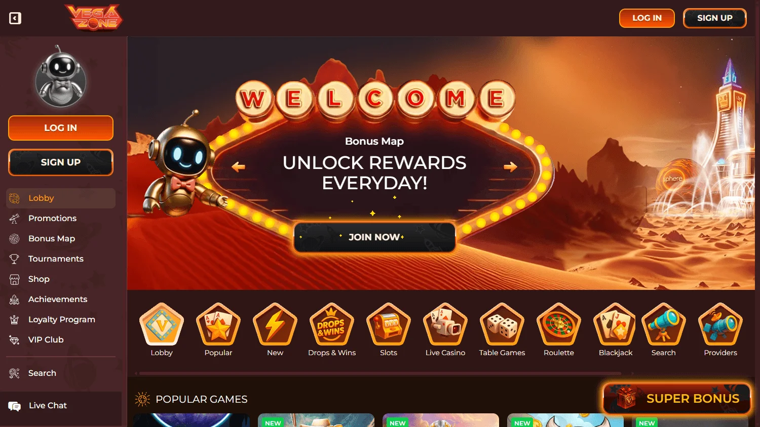 Vegazone Casino desktop home interface