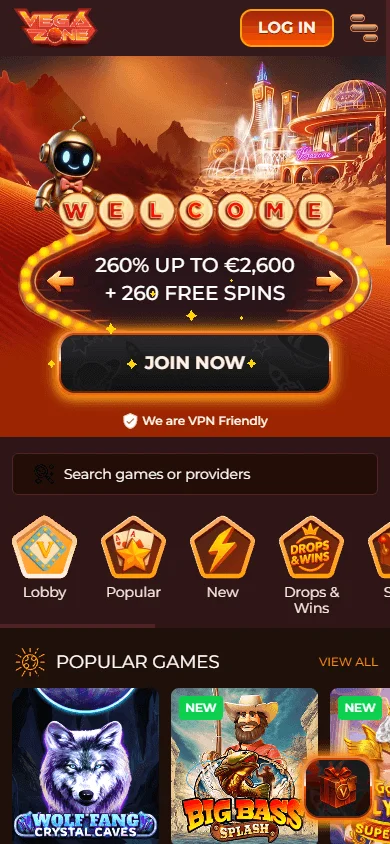 Vegazone Casino mobile home interface