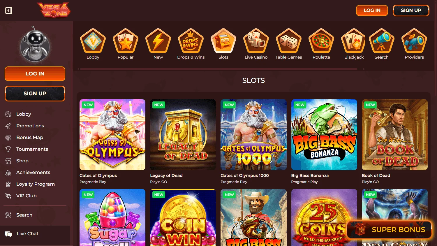 Vegazone Casino desktop games interface