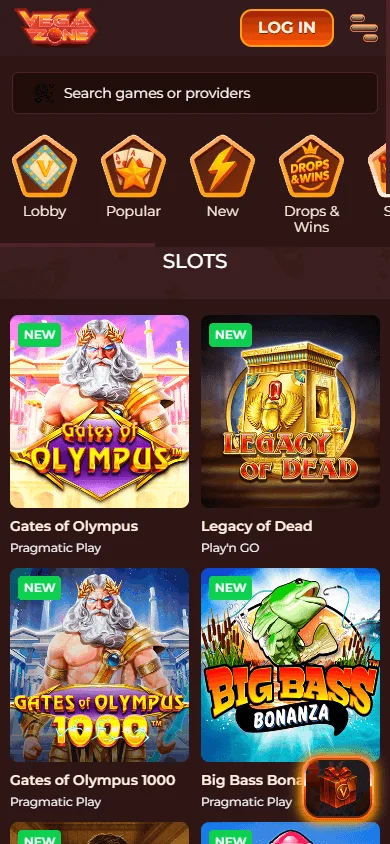 Vegazone Casino mobile games interface